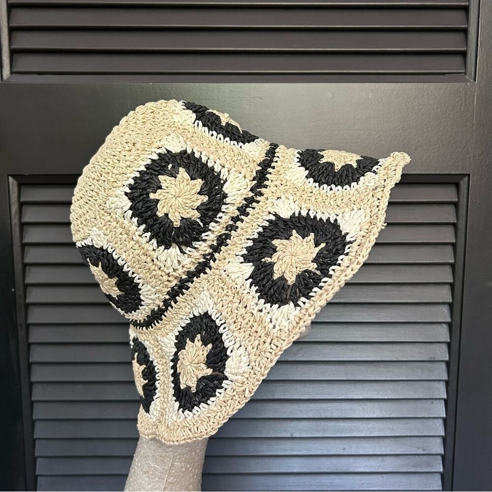 Primark Patchwork Style Adjustable Straw Crochet Bucket Hat, Neutral Tones, O/S